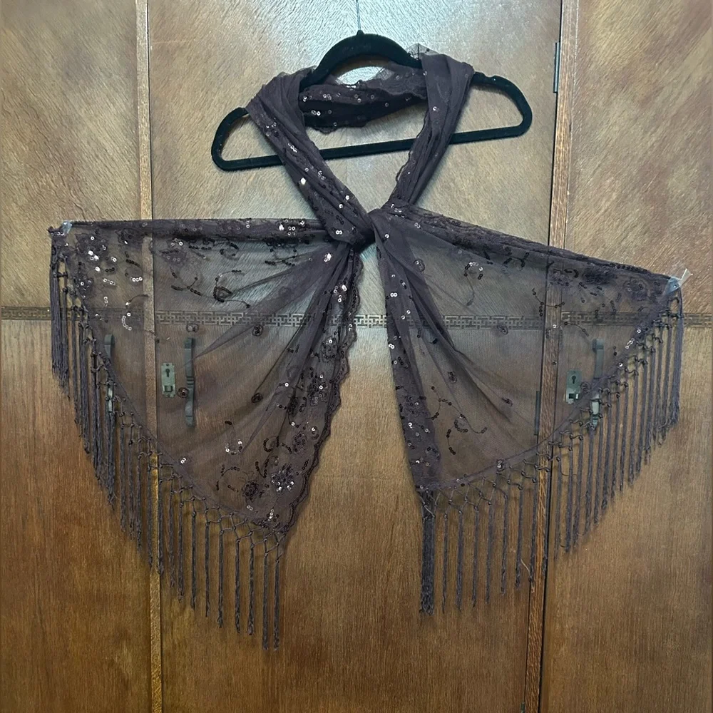 Sheer sequin embellished evening shawl or wrap with fringe tassels. Wine color